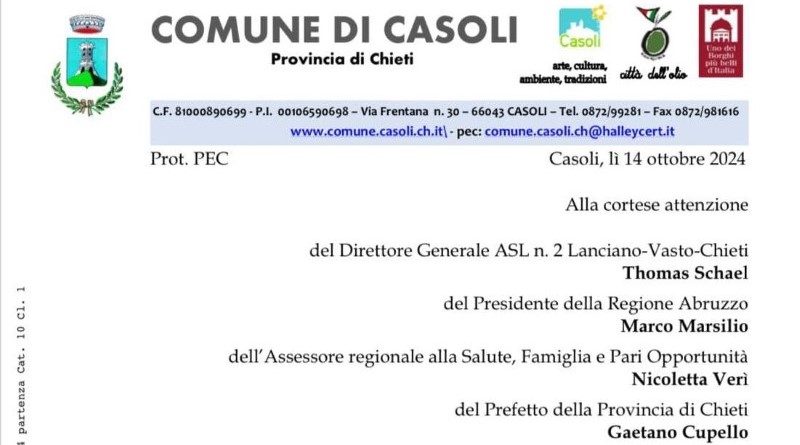 La ASL 2 ha deciso di chiudere il PPI di Casoli durante la notte, il sindaco Tiberini invia la diffida